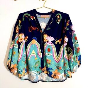 Scandal Italy Art To Wear Whimsical Boho V-Neck Relaxed Navy Blouse Sun Rainbow